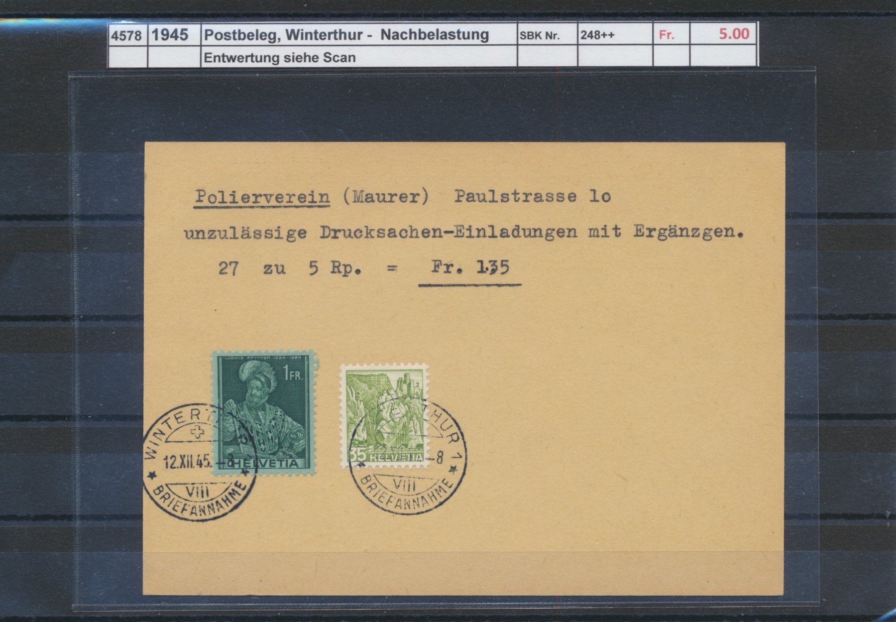 Tutti i francobolli: 1945 Postbeleg, Winterthur -Nachbelastung – Usato da Winterthur venduto da Zupogeru