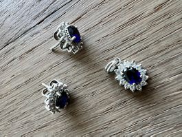 Schmuck Set Anhänger & Ohrstecker S925 Zirkonia dunkelblau