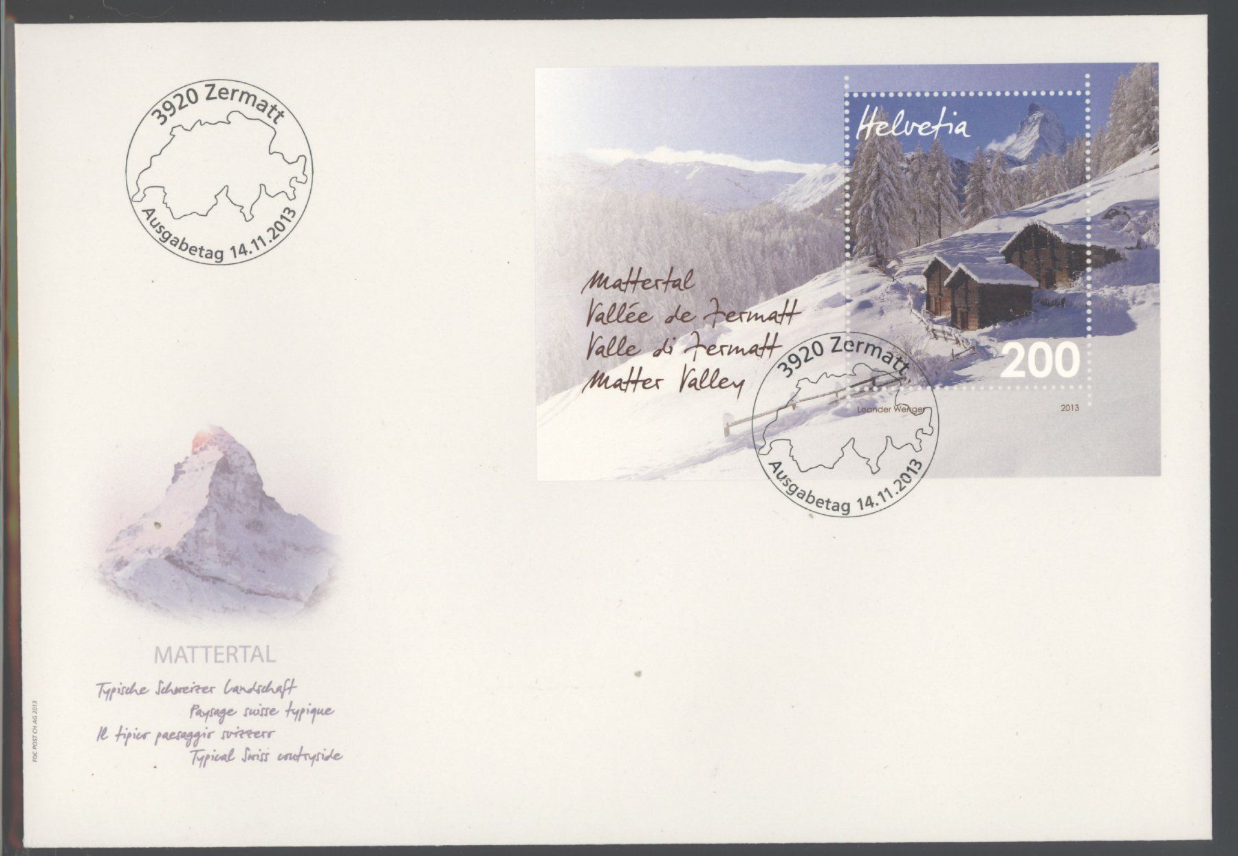 Alle Briefmarken: 2013, FDC, Sonderblock Mattertal (Nr. 1490), Grossformat E6 – Gebraucht aus Willisau von Vollstempel