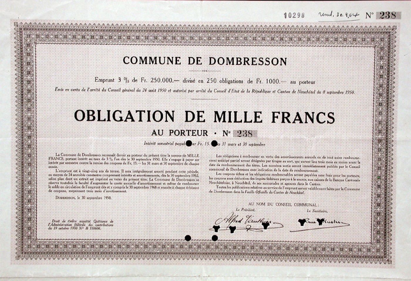 Documenti: Commune de Dombresson, Dombresson - 1950 – Usato da Solothurn venduto da Sgasche