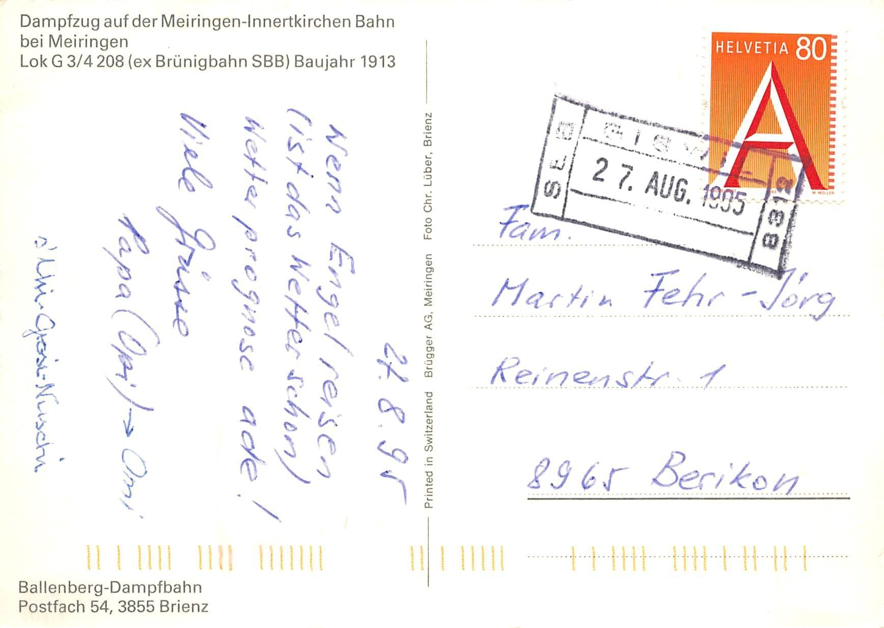 Ansichtskarten: Meiringen Innertkirchen Bahn, Bahnstempel, Dampfbahn – Gebraucht aus Ottikon b.Kemptth. von Neptun1974 1