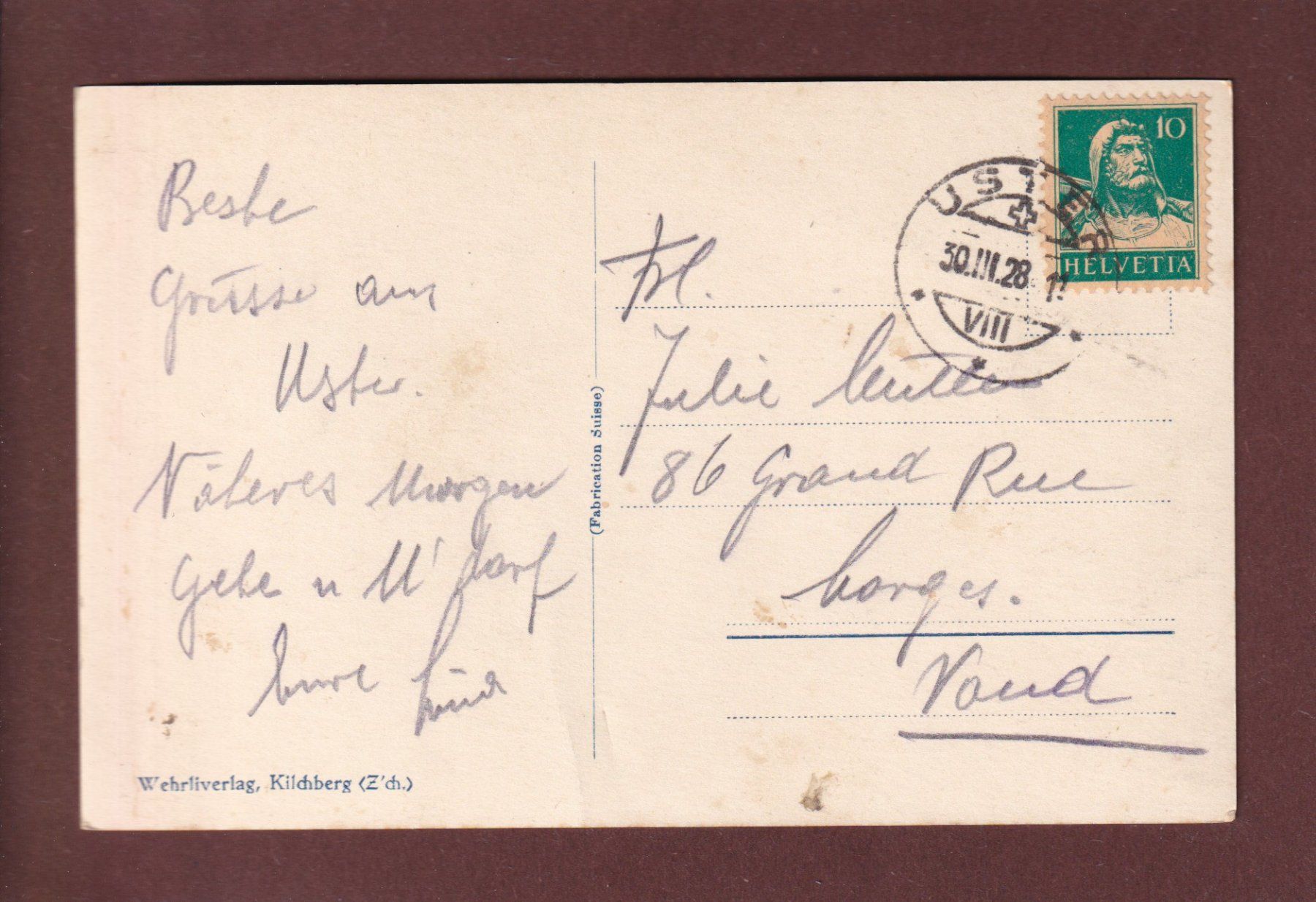 Cartoline postali: SCHLOSS USTER - 1928 – Usato da Pully venduto da nicecards 1