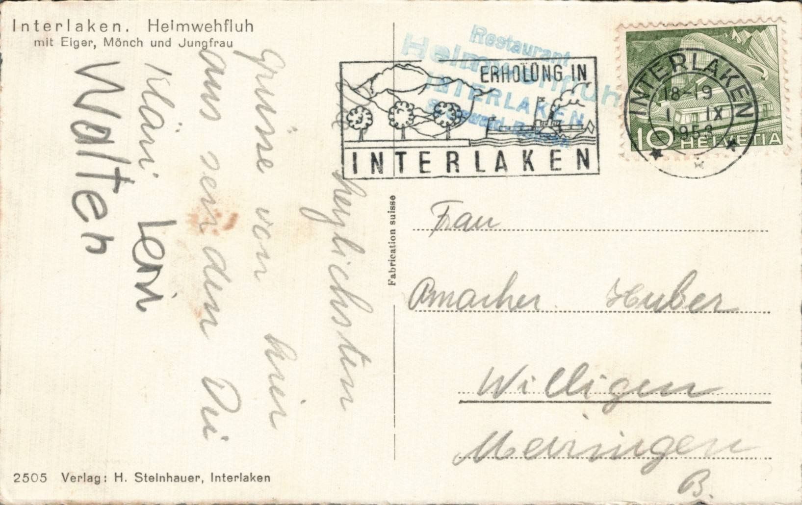 Ansichtskarten: Standseilbahn, 1953 Interlaken-Helmwehfluh, Eiger, Mönch – Gebraucht aus Luzern von Kartenansicht 1