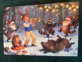 AK Postkarte Tiere Wald Musik Wichtel Zwerg Winter neu