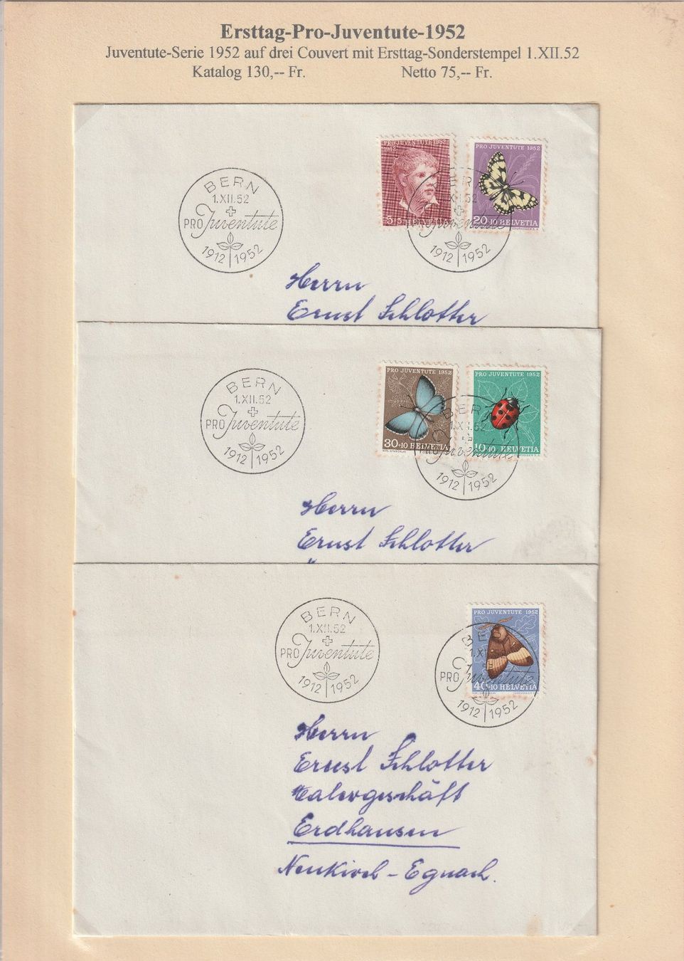 Tous les timbres: 3 Juventute Briefe 1952 Ersttag – D'occasion à uttwil par Koehlerfred