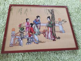 Asiatische Seiden Stickerei, gerahmt, vintage Stil,