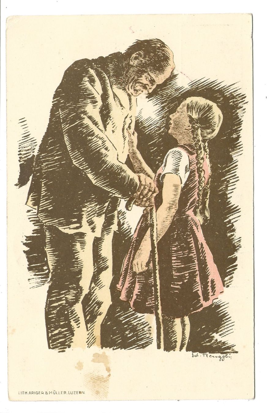 Cartoline postali: Bundesfeier 1928 - Alter Mann mit Mädchen - Luftpost - 1928 – Usato da Engelburg venduto da Cartophil