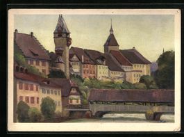 Bremgarten, Uferpartie mit Brücke, 1939