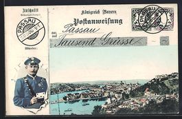 AK Passau, Briefträger, Stadtpanorama