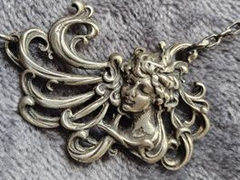 Antike Jugendstil Art Nouveau 800er Silber Kette Frauenkopf
