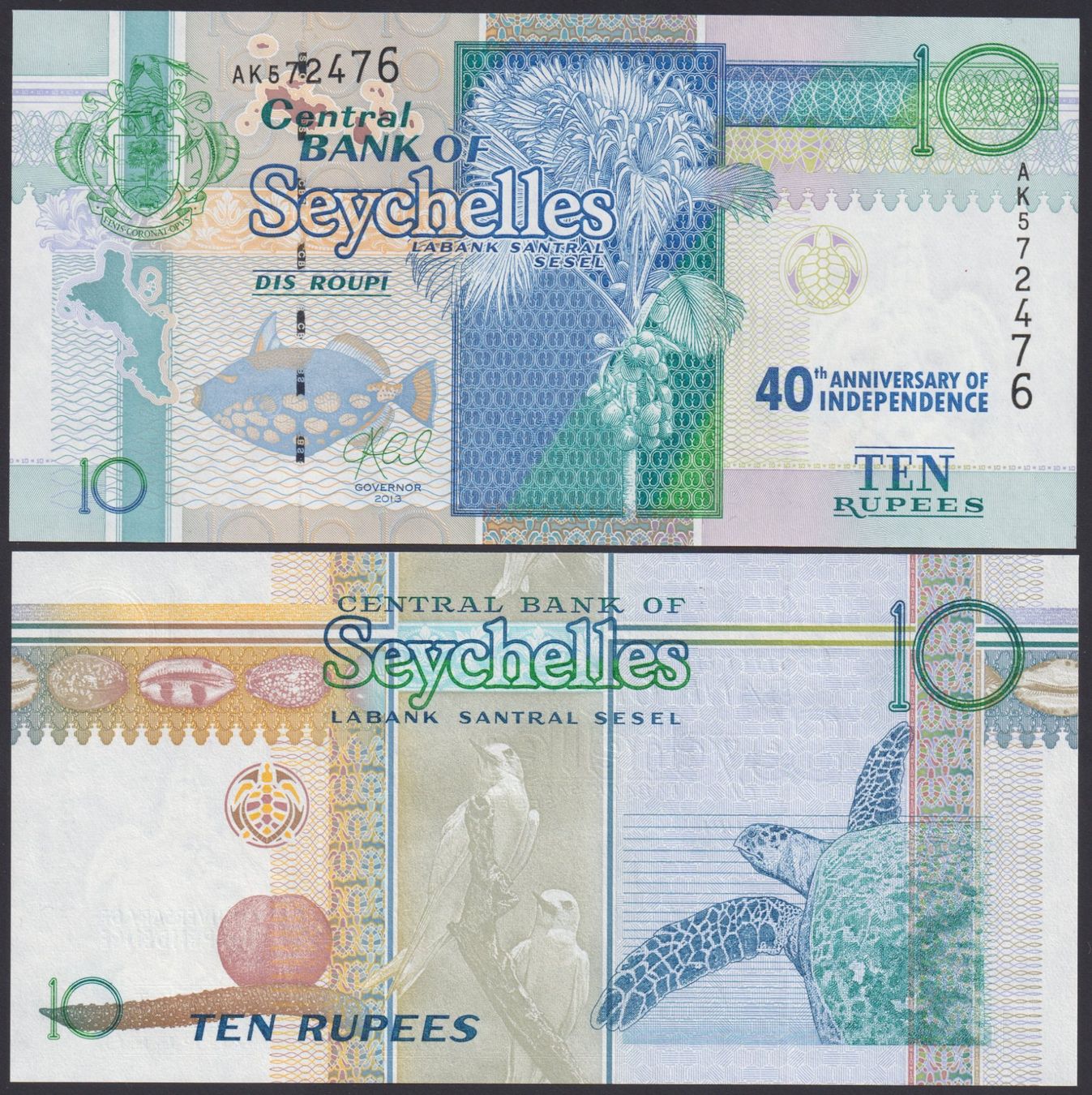 Banconote: Seychelles 10 Rupees UNC 2013 (2016) Commemorative – Nuovo e nell'imballaggio originale da Naters venduto da Radman