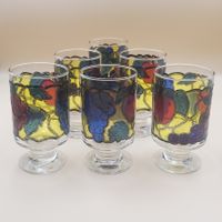 Lot 6 verres pied vintage Libbey Stained Glass Fruit USA 70s