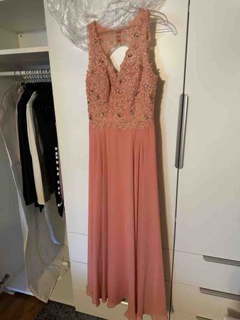 Abendkleid lang rosa/Lachsfarben mit Applikationen neuwertig