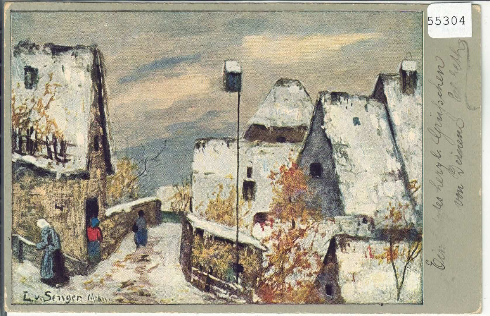 Cartoline postali: L. v. Senger - Winter im Dorf - animee – Usato da Ettingen venduto da Kartenplanet