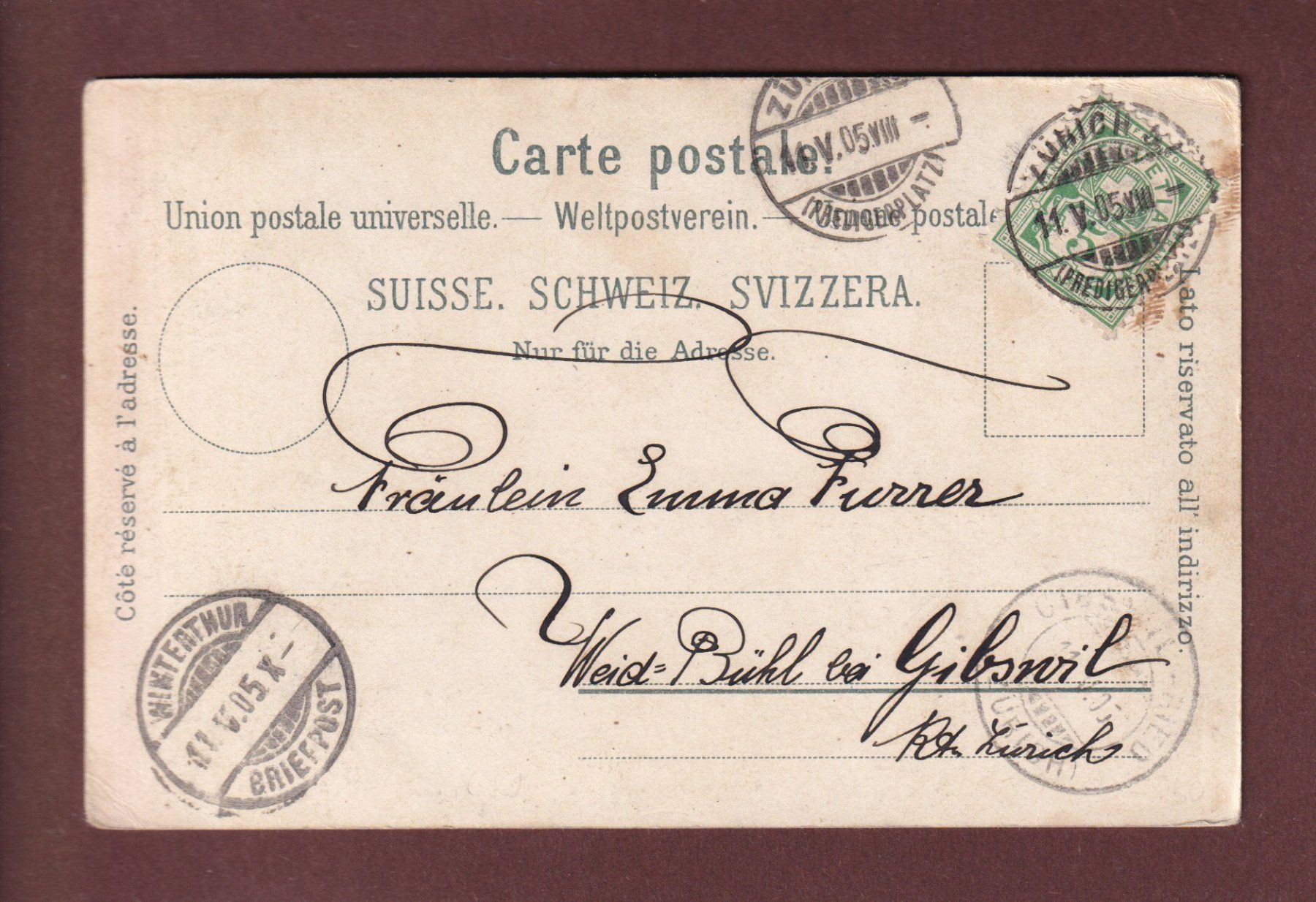 Cartoline postali: ZÜRICH von der Waid - 1905 – Usato da Pully venduto da nicecards-shop 1