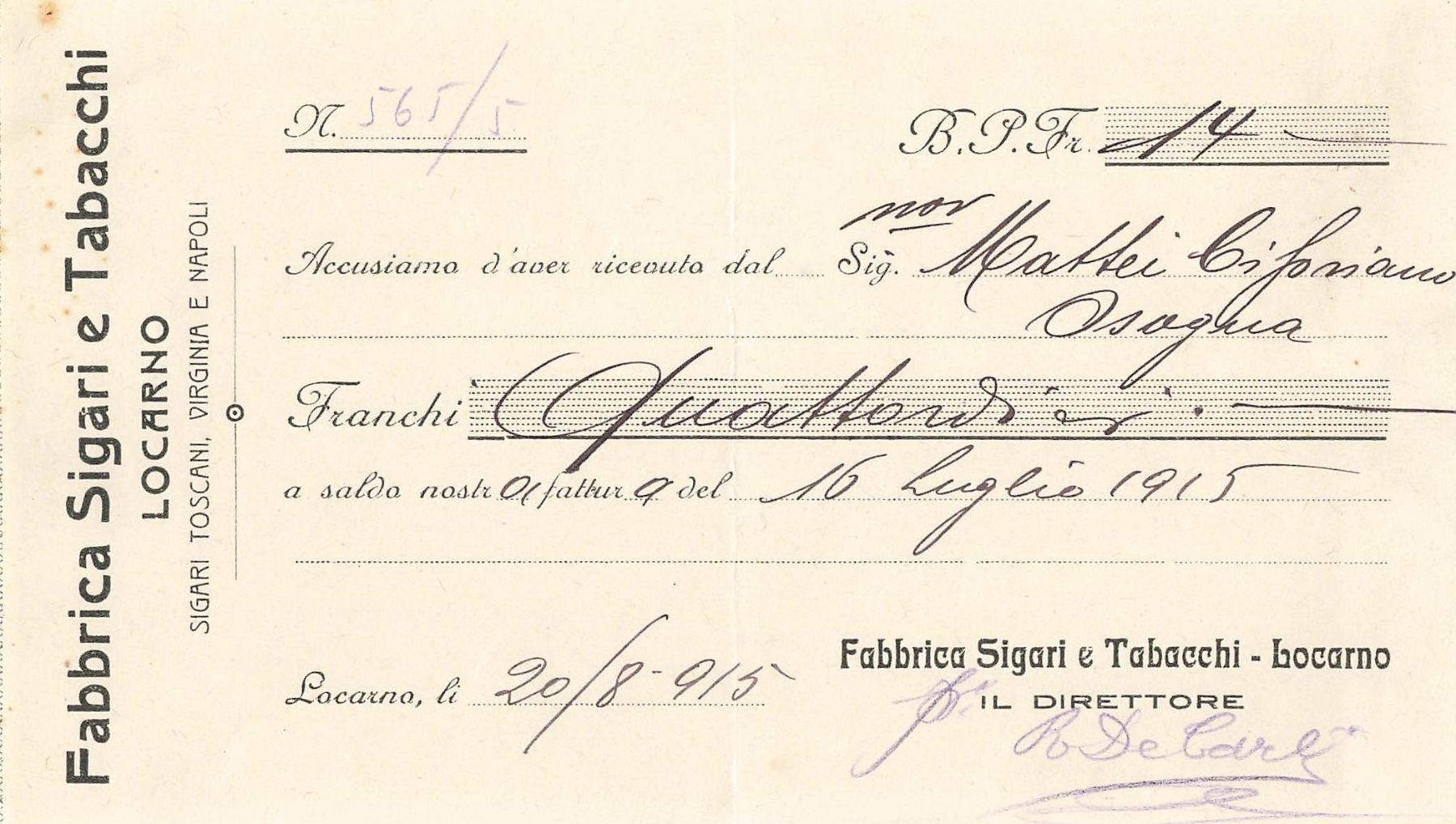 Cartoline postali: Fabbrica sigari e tabacchi Locarno Kambiale cheques – Usato da Biasca venduto da Blenio71