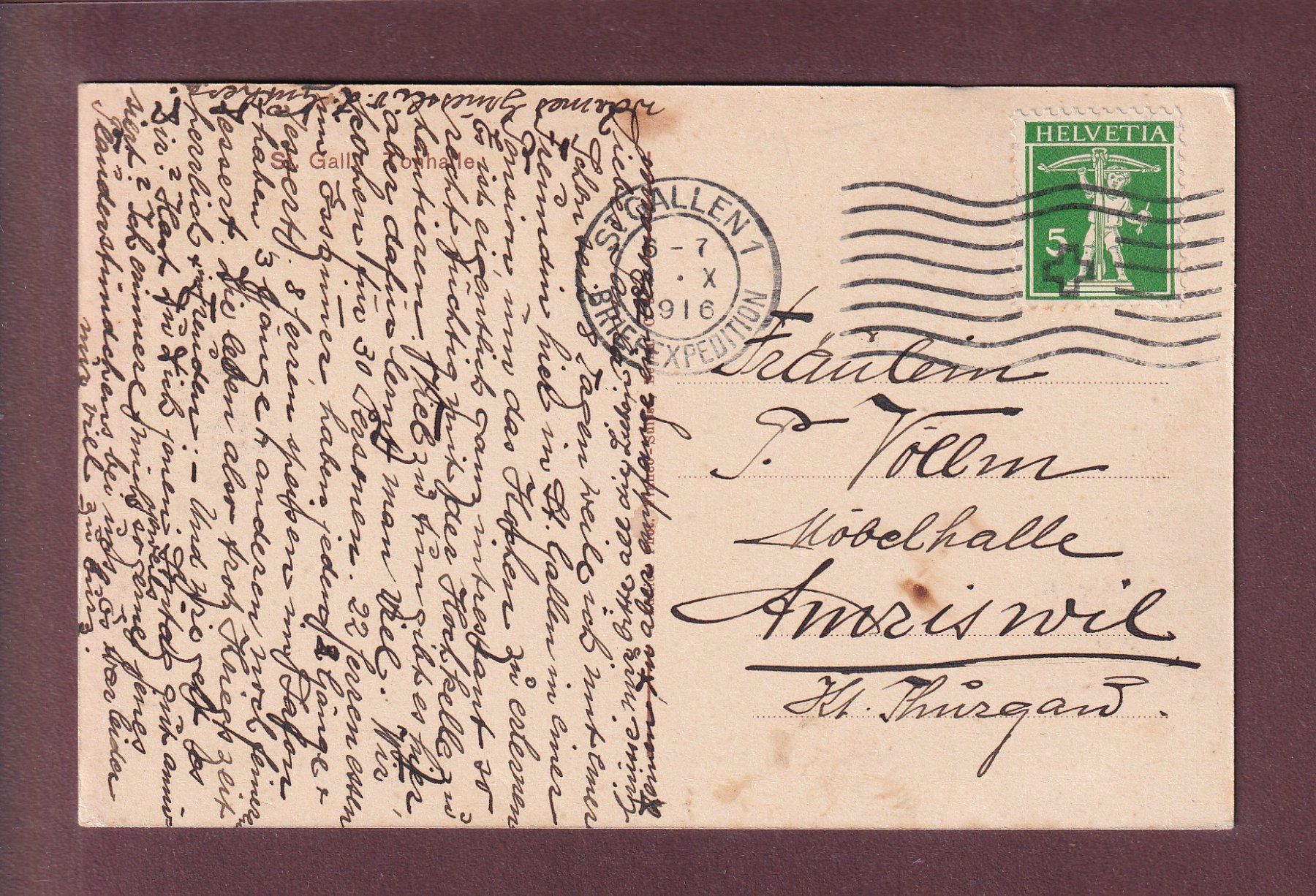 Cartoline postali: ST. GALLEN - Tonhalle - 1916 – Usato da Pully venduto da nicecards 1