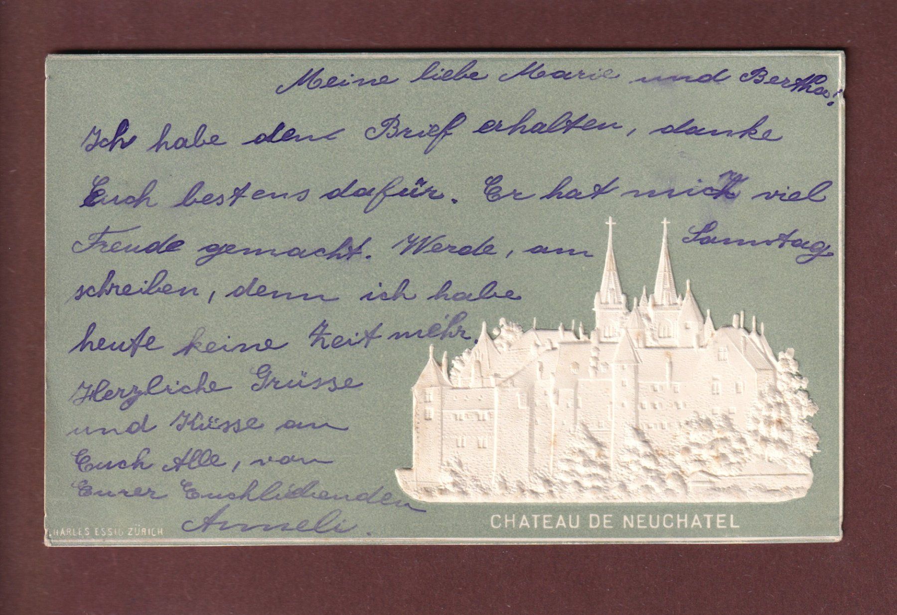 Cartoline postali: NEUCHÂTEL - Château - 1901 carte gauffrée – Usato da Pully venduto da nicecards