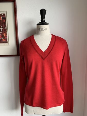 RAG and BONE N.Y.: Roter Merino-Pullover mit V-Ausschnitt, S