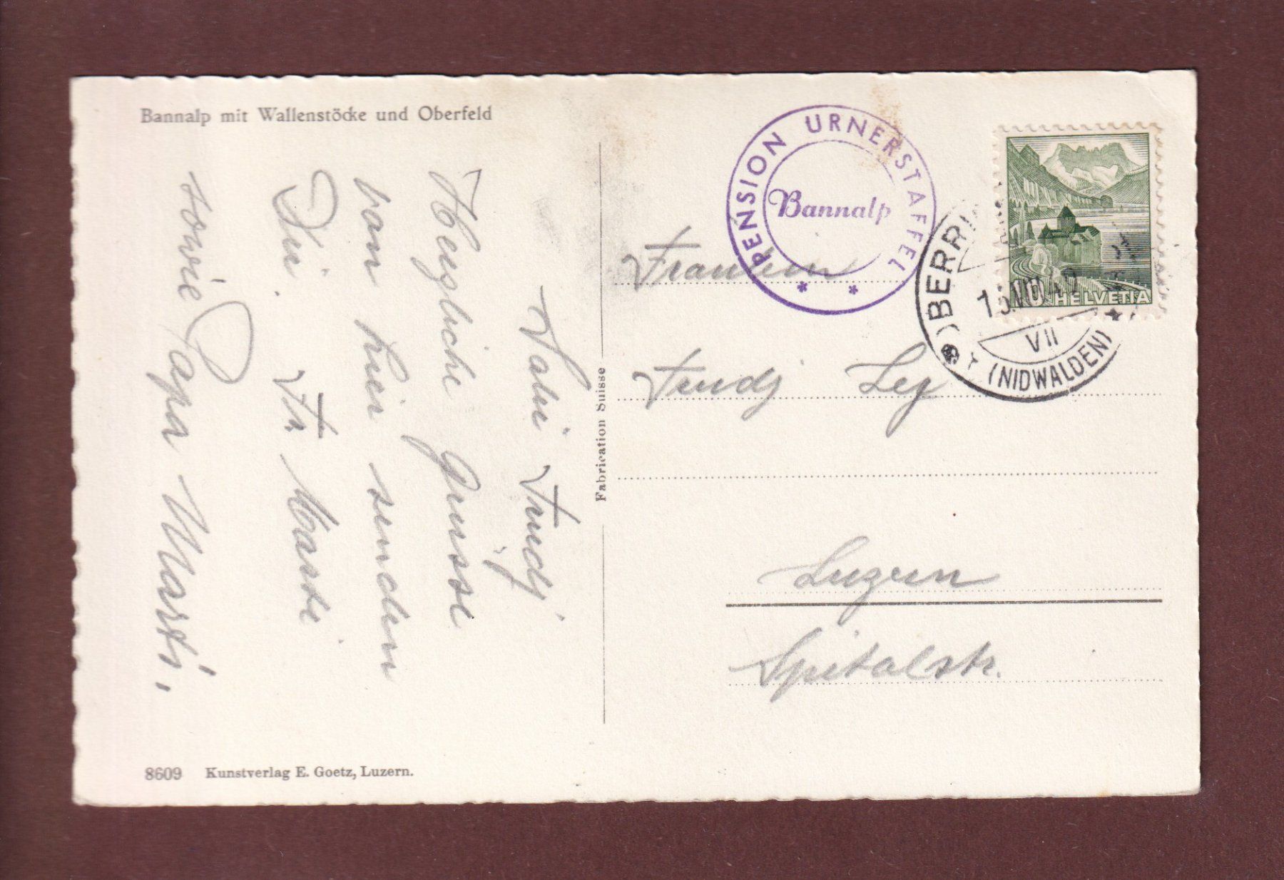 Cartoline postali: BANNALP - Wallenstöcke - Oberfeld - 1949 – Usato da Pully venduto da nicecards 1