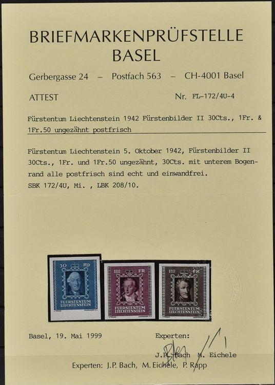 Tutti i francobolli: FL 172-174U ! POSTFRISCH ! ATTEST ! UNGEZÄHNT ! KAT 3'500.-- – Nuovo (secondo la descrizione) da Rombach venduto da Kunstmarkart 1
