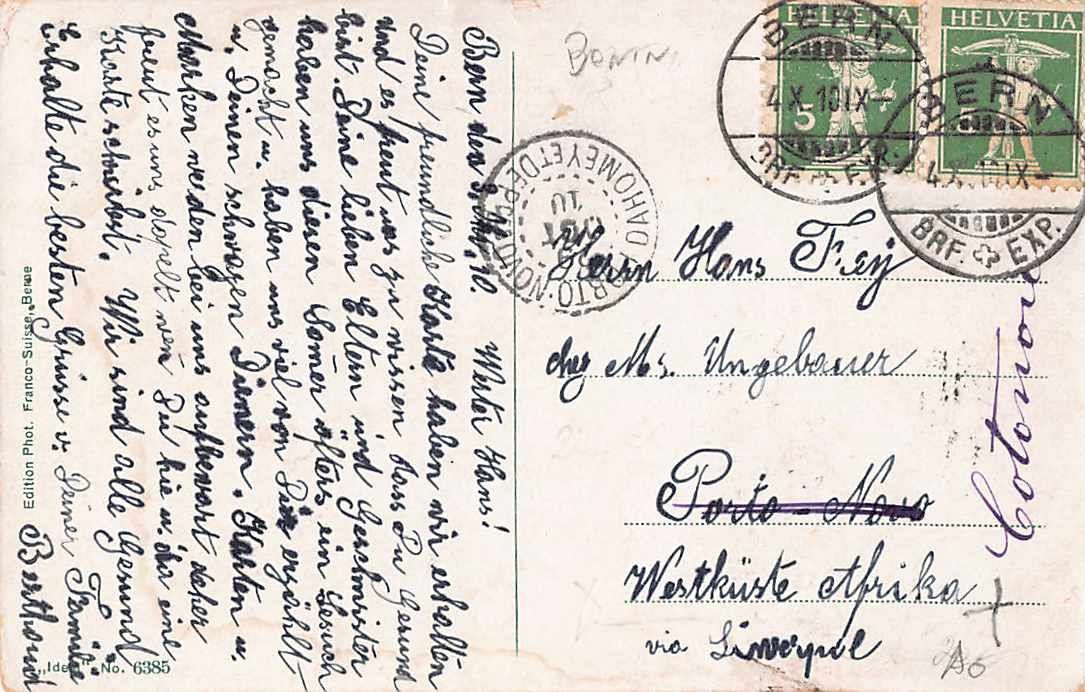 Alle Briefmarken: Alte Ansichtskarte BERN - DAHOMEY 1910 EXOTISCHE Destination – Gebraucht aus Winterthur von SchatzchischtliWinti