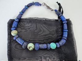 Vintage Lapislazuli Halskette mit Türkis Akzenten, Blau