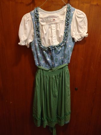 Dirndl Blau/Grün gemustert mit Bluse und Schürze GR 38