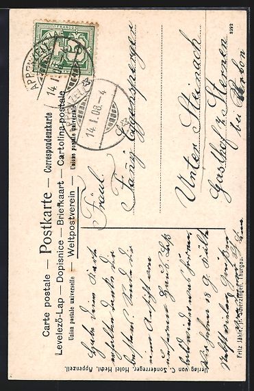 Cartoline postali: AK Appenzell, Hotel Hecht, 1908 – Usato da Berlin venduto da bartko-reher 1