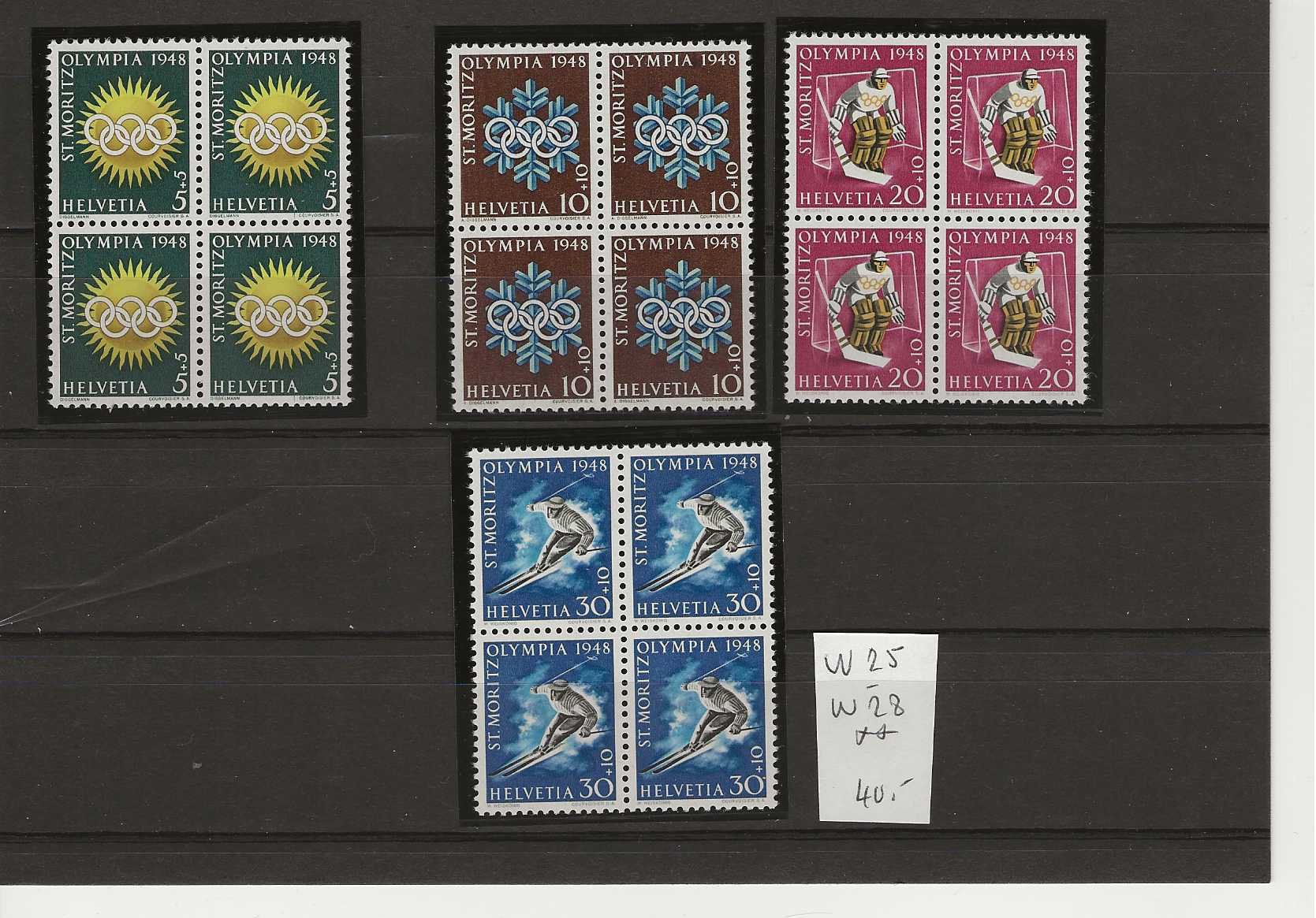 Tutti i francobolli: timbre W25 à W28 ** St.Moritz 1948 – Usato da Sorvilier venduto da carose01