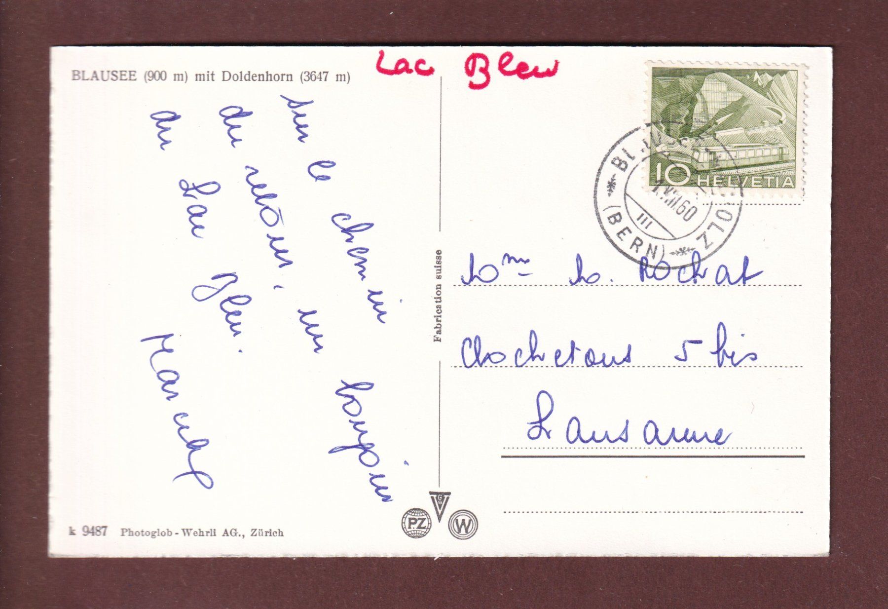 Cartoline postali: BLAUSEE - Doldenhorn - 1960 – Usato da Pully venduto da nicecards 1