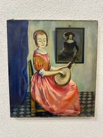 Vintage Ölbild Mädchen mit Laute signiert R. Muntwyler 1947