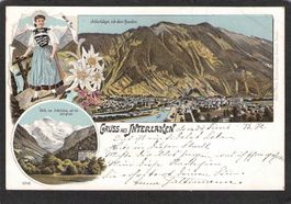 ^Lithografie Gruss aus Interlaken