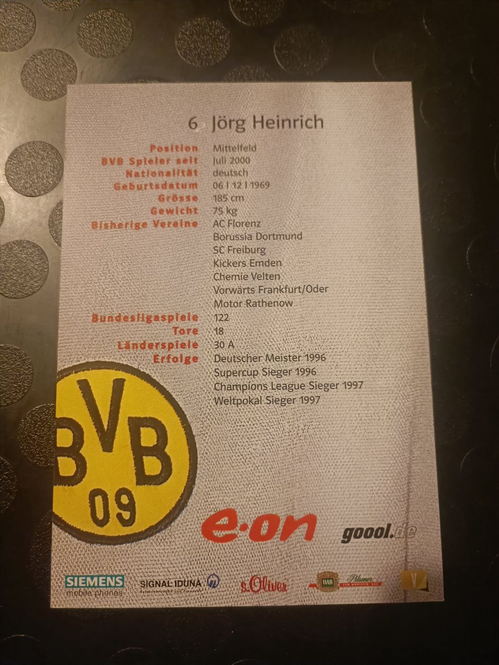 Autografi: Jörg Heinrich - handsigniert BVB - Borussia Dortmund – Usato da Menziken venduto da Artographs 1