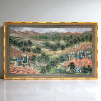 Ancienne grande peinture indienne sur soie "Chasse au tigre"