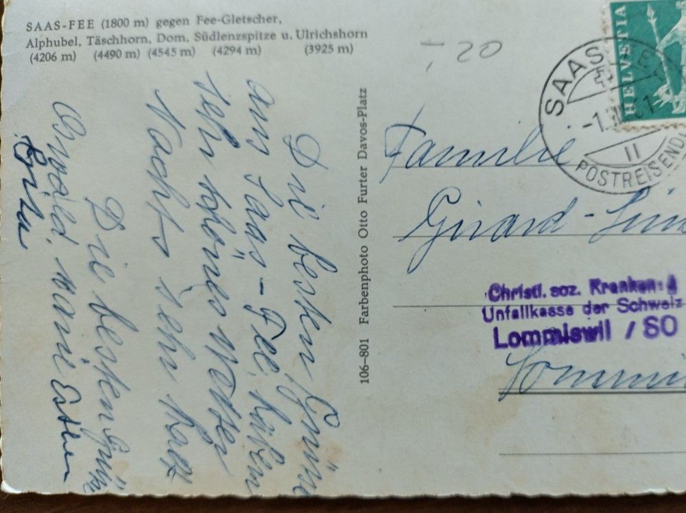 Ansichtskarten: Alte Ansichtskarte Saas-Fee VS mit Schneebergen, 1961 – Gebraucht aus Wildhaus von Hukwildhaus 3