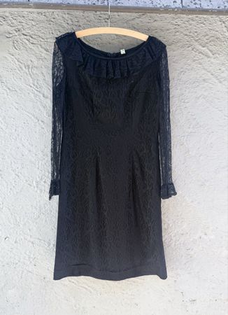 vintage Spitzenkleid Damen schwarz Grösse 42 Kragen Rüsche