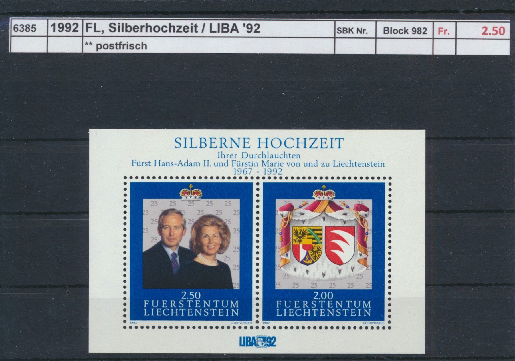 Tutti i francobolli: 1992 FL, "Silberhochzeit" - Block, ** postfrisch – Nuovo (secondo la descrizione) da Winterthur venduto da Zupogeru
