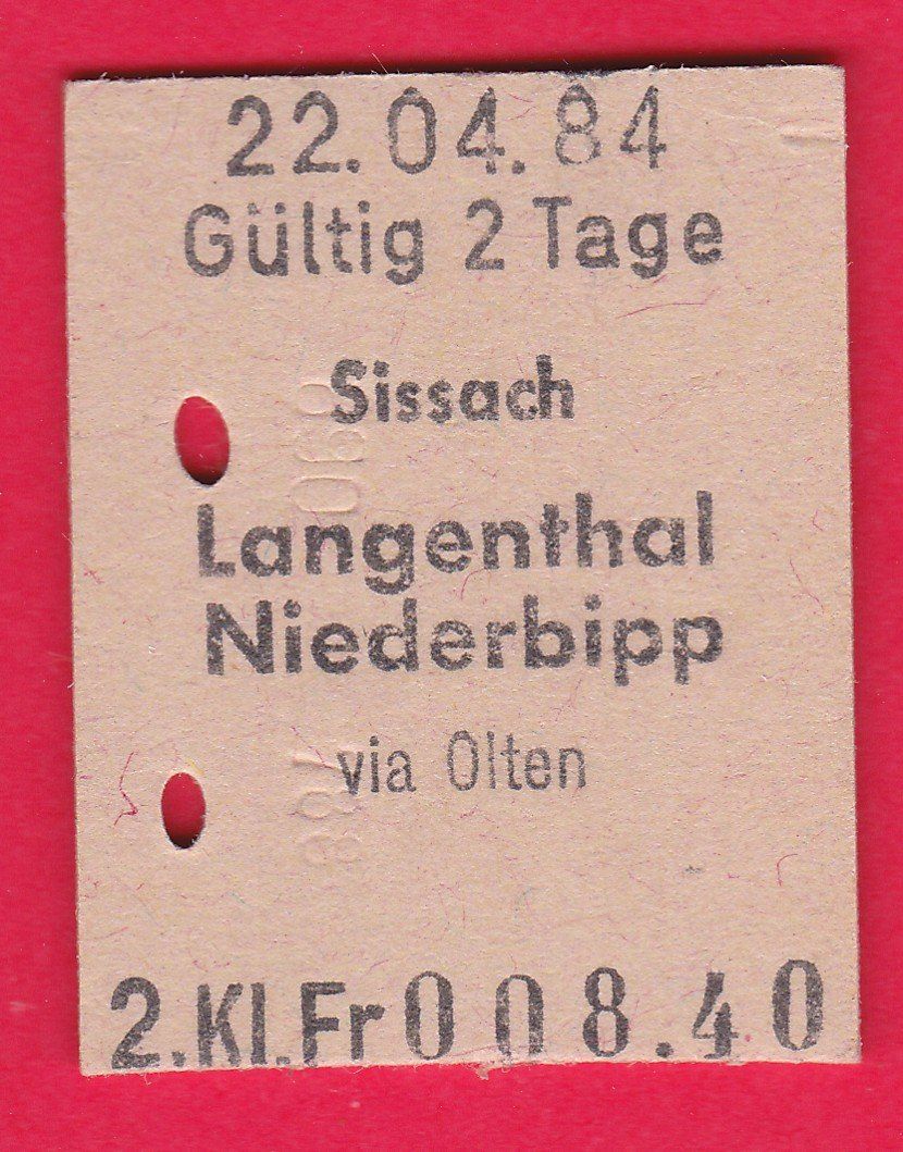 Biglietti: KARTON BILLETT, SISSACH - NIEDERBIPP. 2.KLASSE, EINFACH – Usato da Oberrieden venduto da Gebirgsstelze
