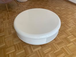 Table basse blanche laquée, tournante avec 2 tiroirs