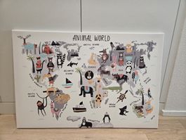 Kinderbild Tierwelt Karte auf Leinwand 90x60cm guter Zustand