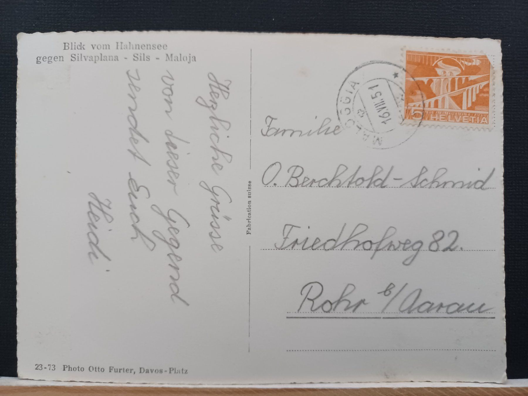 Cartoline postali: GR, Blick vom Hahnensee Silvaplana, No. 23-73, 1951 – Usato da Aarau Rohr venduto da mgvw 1