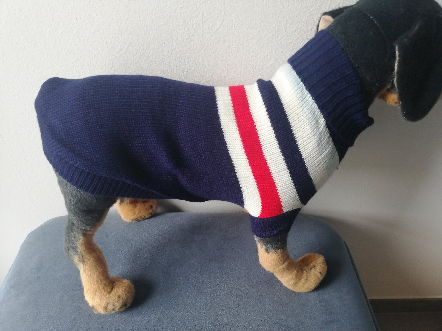 Abbigliamento: Warmer Hunde Strickpullover blau mit Streifen 38 cm lang – Nuovo e nell'imballaggio originale da Rüegsauschachen venduto da W4PAW 3