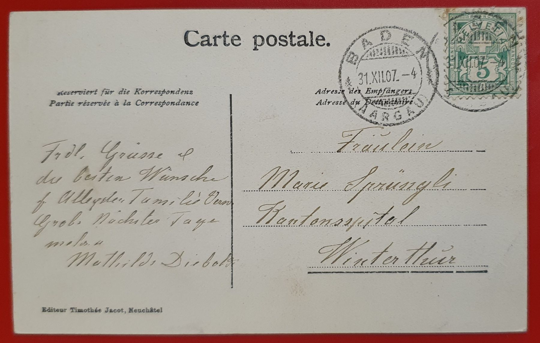 Cartoline postali: Neujahrskarte von 1908 aus Baden – Usato da Kreuzlingen venduto da Rschweiz1 1