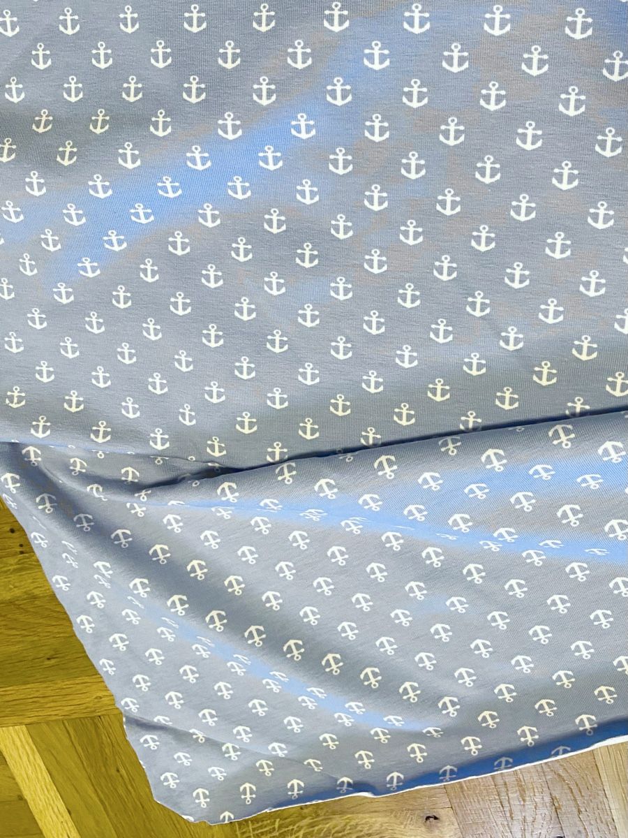 Tissus: Hellblauer Stretch Jersey Stoff mit Anker Motiv Baumwolle  – Neuf (Voir description) à Zizers par dalaub 4