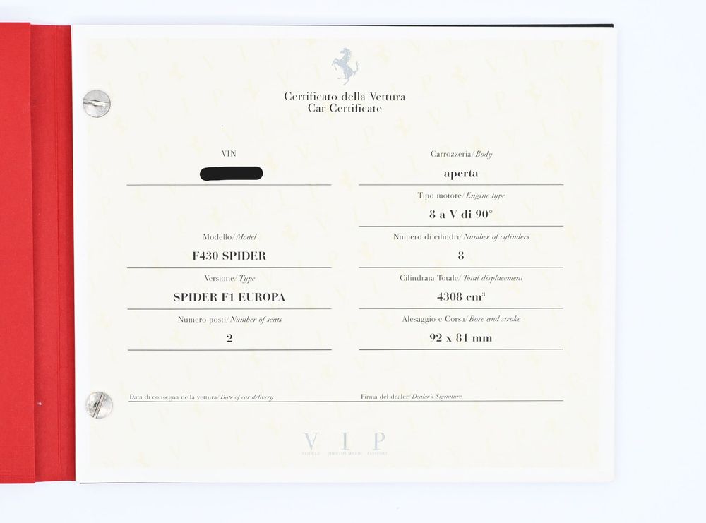 Passeport Véhicule Ferrari F430 Spider – Catalogue D'identification 2006, Origine Italie