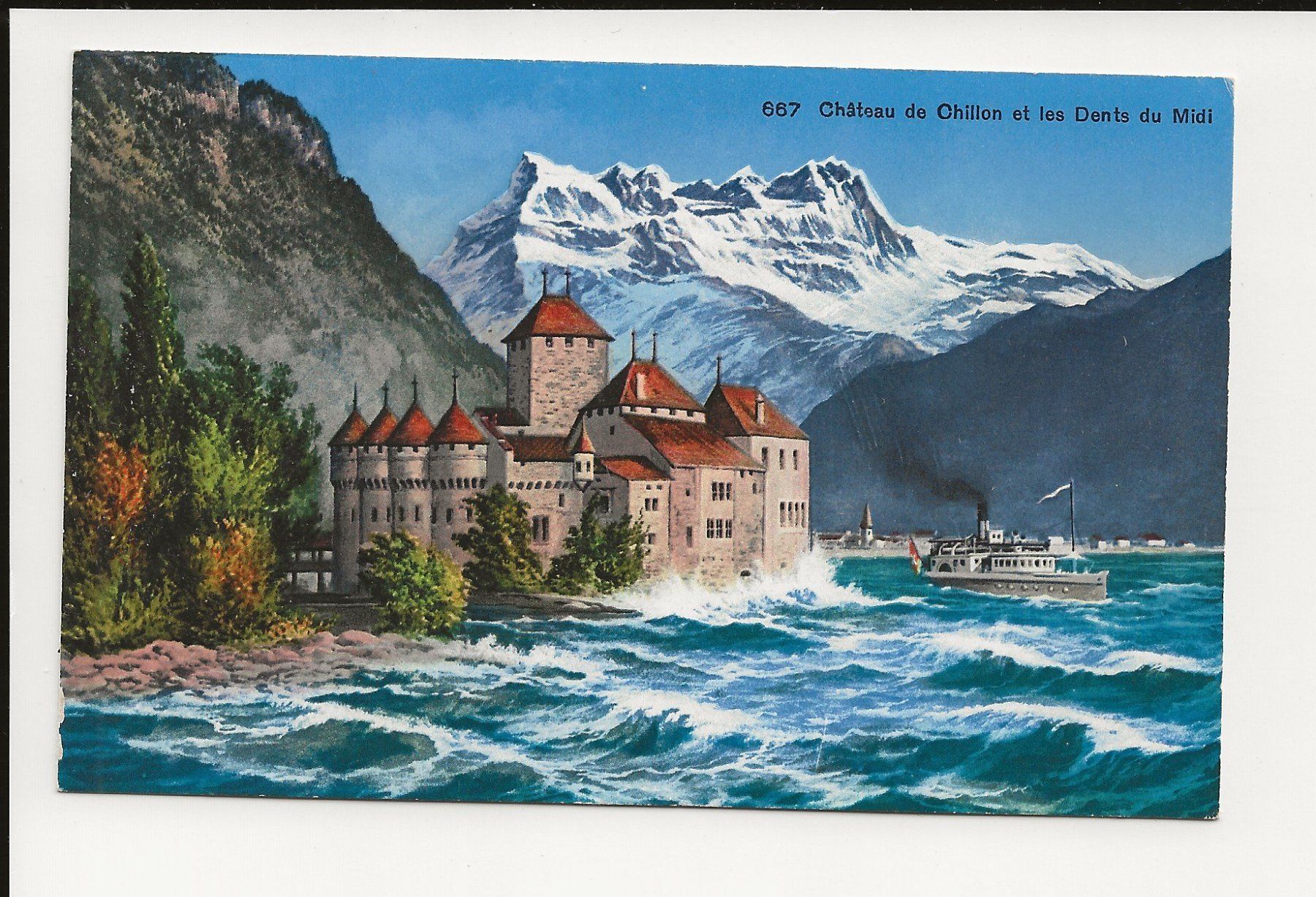 Cartes postales: AK ca.1920 Chateau de Chillon mit Dampfschiff + hohen Wellen – D'occasion à Greifensee par 315WDO