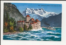 AK ca.1920 Chateau de Chillon mit Dampfschiff + hohen Wellen