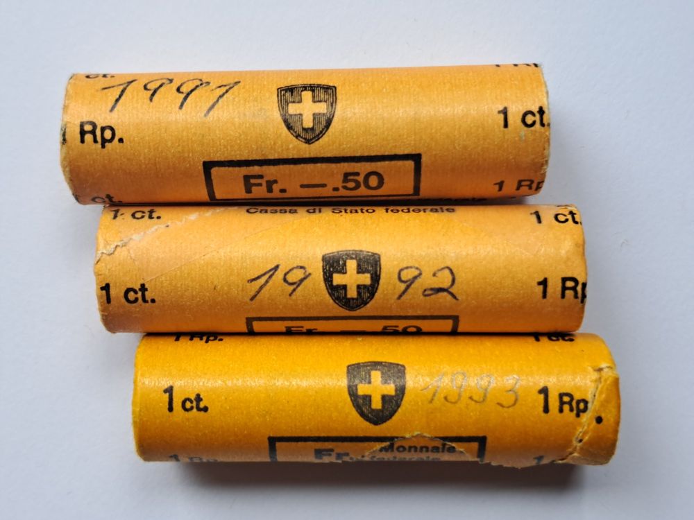 3 Stk. 1 Rp Münzrollen 1991/92+93 (Neu und originalverpackt) in Mollis ...