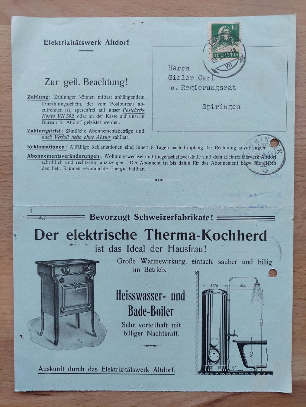 Documenti: Werbebrief mit Illustration Stromrechnung 1924 – Usato da Obfelden venduto da Foto_Bild_Kunst_Buch
